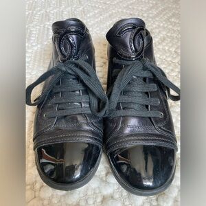 Genuine CHANEL lambskin patent cap toe CC sneakers